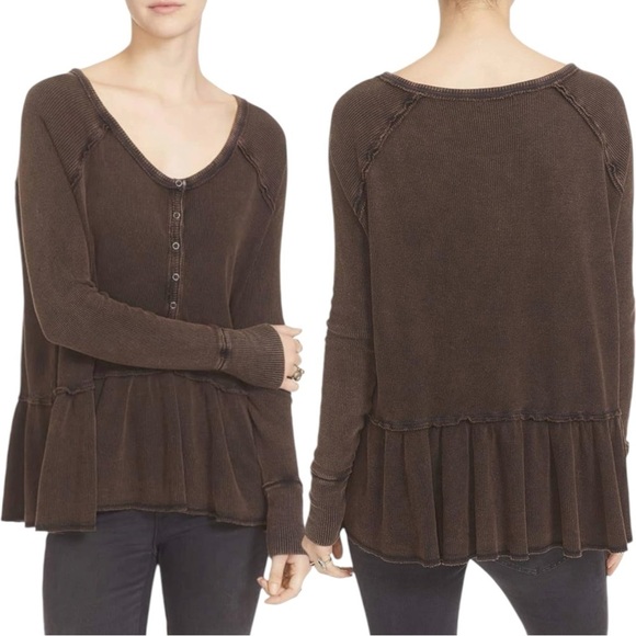 Free People Grunge Henley Thermal Ruffle Peplum Tee Washed Dark Brown Raw Hems M - Picture 5 of 13